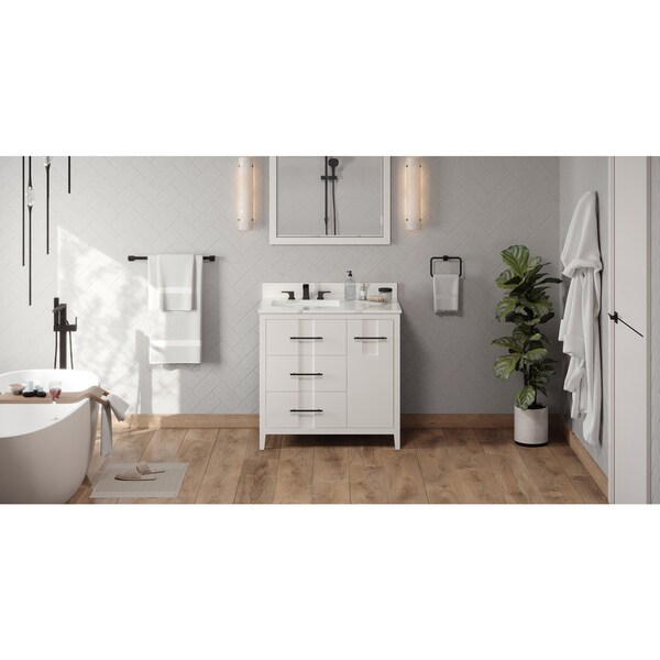 Jeffrey Alexander 36In. White Katara Vanity, Left Offset, Calacatta Vienna Quartz Vanity Top, Undrmnt Rctngl Bowl VKITKAT36WHCQR - main